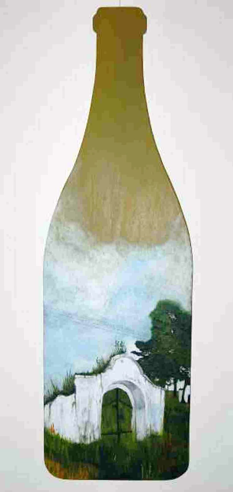 124  Flaschenbild  2006 Keller an der Riede Acryl auf Pappelsperrholz 38x120
