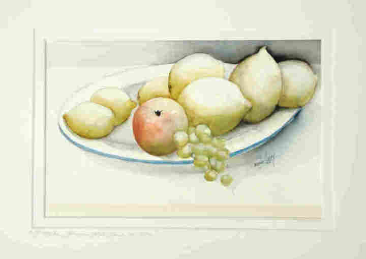 149  A  Stillleben  Zitronen,Apfel u. Trauben am Teller 2011  Aquarell  p300 31,5 x 43,5 FABRIANO